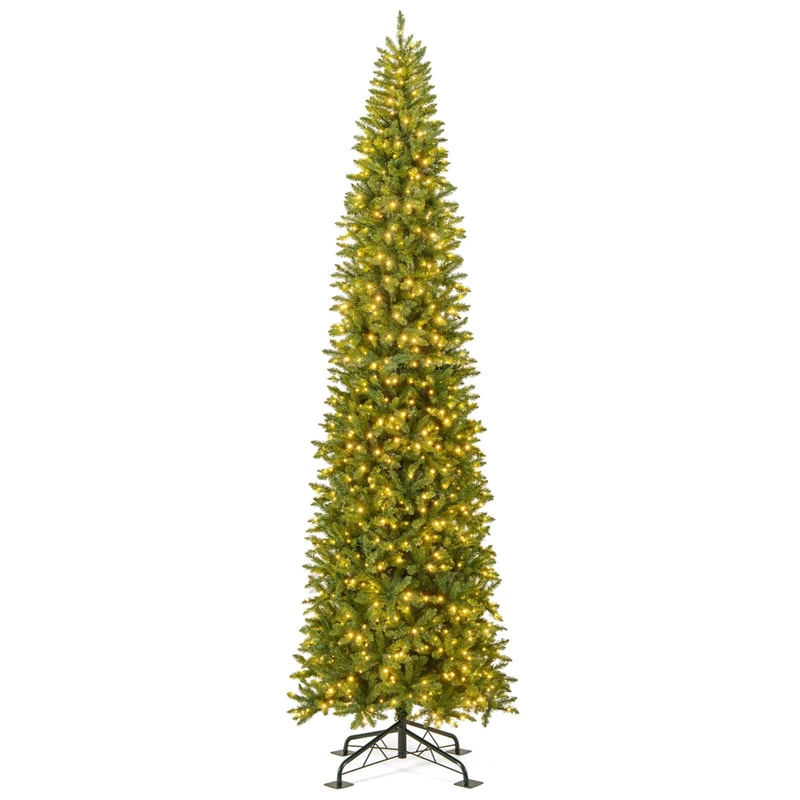 12 FT Pre-Lit Slim Pencil Christmas Tree with 1000 Warm White LED Lights, 2840 Hinged Branch Tips & Folding Stand for Indoor Outdoor Holiday Decor