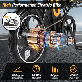 16" Folding Electric Bike with 500W Brushless Motor, 20 MPH, 37-Mile Range, Removable Battery & Dual Disc Brakes, Mini E-Bike for City Commuting