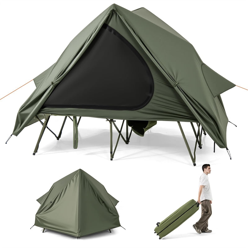 2-Person Camping Cot Tent Combo, 2-in-1 Foldable Off-Ground Elevated Cot Bed with Pop-up Shelter, Waterproof Rainfly & Wheeled Bag for Outdoor Hiking