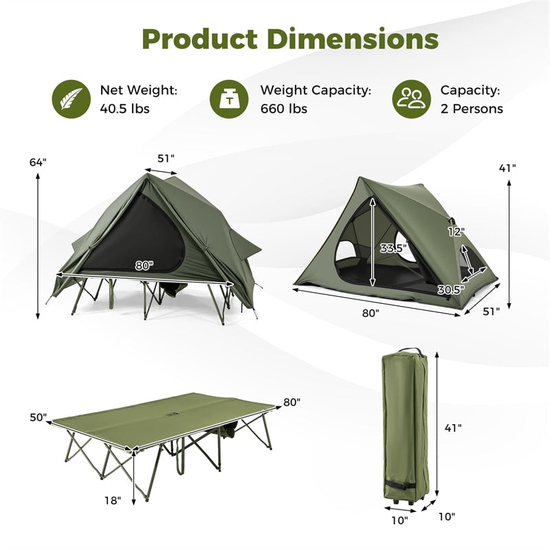 2-Person Camping Cot Tent Combo, 2-in-1 Foldable Off-Ground Elevated Cot Bed with Pop-up Shelter, Waterproof Rainfly & Wheeled Bag for Outdoor Hiking