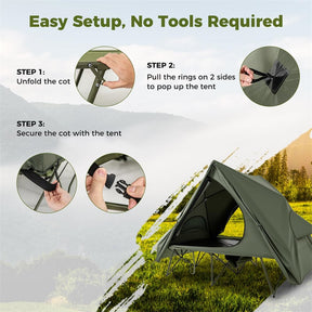2-Person Camping Cot Tent Combo, 2-in-1 Foldable Off-Ground Elevated Cot Bed with Pop-up Shelter, Waterproof Rainfly & Wheeled Bag for Outdoor Hiking