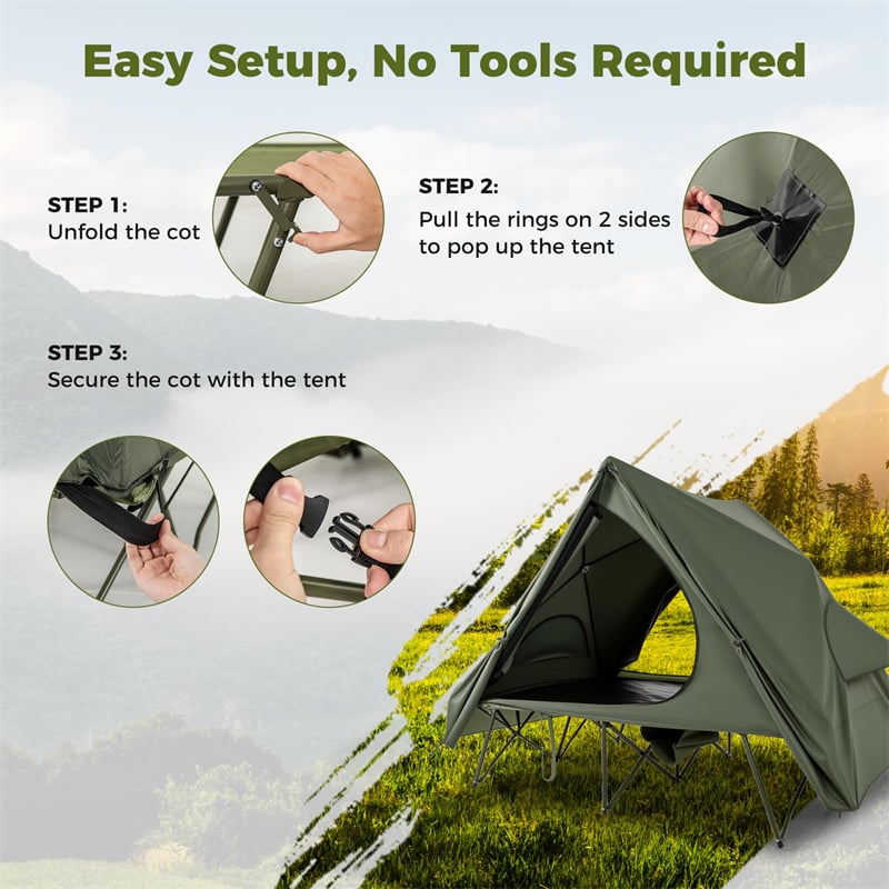 2-Person Camping Cot Tent Combo, 2-in-1 Foldable Off-Ground Elevated Cot Bed with Pop-up Shelter, Waterproof Rainfly & Wheeled Bag for Outdoor Hiking