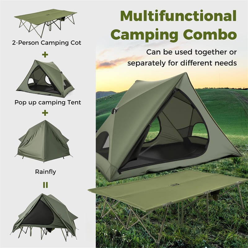 2-Person Camping Cot Tent Combo, 2-in-1 Foldable Off-Ground Elevated Cot Bed with Pop-up Shelter, Waterproof Rainfly & Wheeled Bag for Outdoor Hiking
