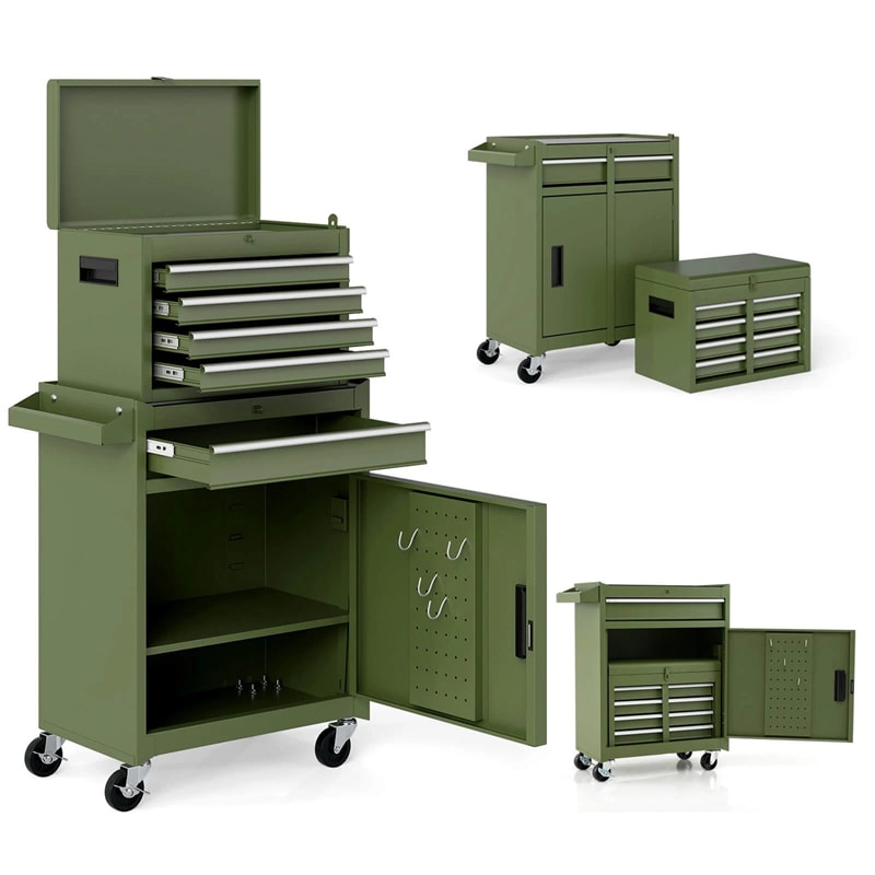 2-in-1 Rolling Tool Chest, 5-Drawer Tool Storage Cabinet with Wheels, Adjustable Shelf, Tool Box Organizer for Garage Warehouse Workshop