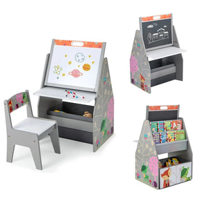 3-in-1 Kids Art Easel with Chair, Wooden Toddler Easel Table & Chair Set w/ Double-Sided Magnetic Whiteboard & Chalkboard, Bookshelf, Storage