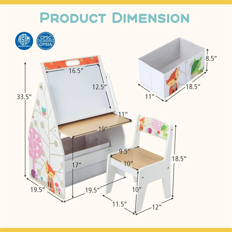 3-in-1 Kids Art Easel with Chair, Wooden Toddler Easel Table & Chair Set w/ Double-Sided Magnetic Whiteboard & Chalkboard, Bookshelf, Storage