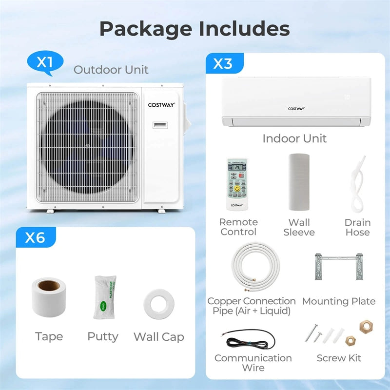30K BTU 23 SEER2 3-Zone Mini Split Air Conditioner with Heat Pump, WiFi Enabled Inverter Split System AC with Energy Star Full Set