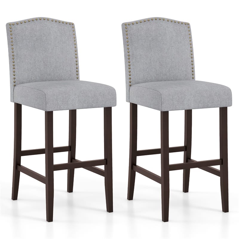 30" Modern Bar Stools Set of 2, Linen Fabric Bar Height Upholstered Chairs with Back, Nailhead Trim & Solid Rubber Wood Legs for Kitchen Island, Pub