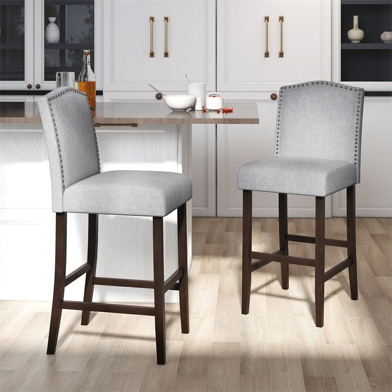 30" Modern Bar Stools Set of 2, Linen Fabric Bar Height Upholstered Chairs with Back, Nailhead Trim & Solid Rubber Wood Legs for Kitchen Island, Pub