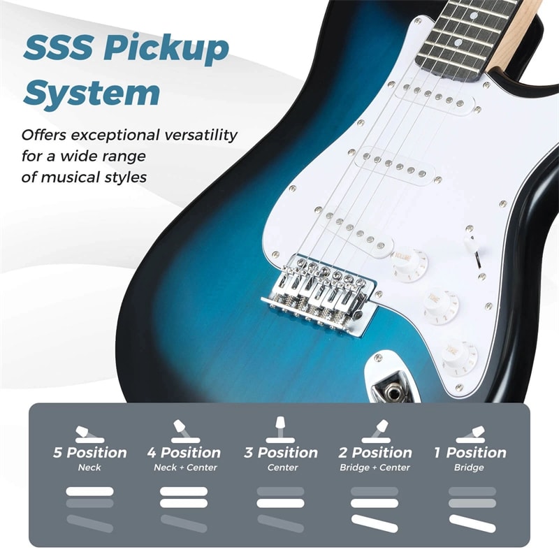 39" Full Size 6 String Electric Guitar Beginner Kit with 15W AMP, SSS Pickups, Gig Bag & Tuner, Guitar Starter Bundle for Students & Adults