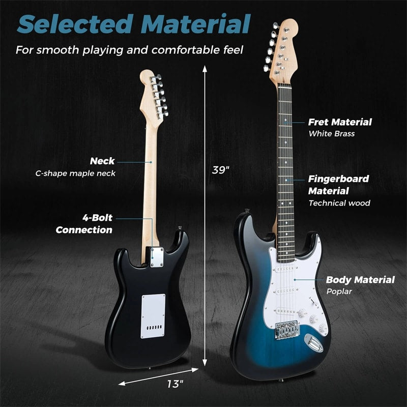 39" Full Size 6 String Electric Guitar Beginner Kit with 15W AMP, SSS Pickups, Gig Bag & Tuner, Guitar Starter Bundle for Students & Adults