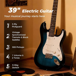39" Full Size 6 String Electric Guitar Beginner Kit with 15W AMP, SSS Pickups, Gig Bag & Tuner, Guitar Starter Bundle for Students & Adults