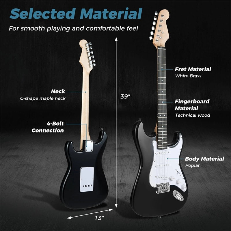 39" Full Size 6 String Electric Guitar Beginner Kit with 15W AMP, SSS Pickups, Gig Bag & Tuner, Guitar Starter Bundle for Students & Adults