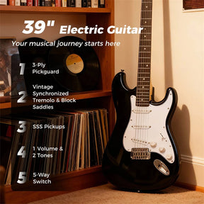 39" Full Size 6 String Electric Guitar Beginner Kit with 15W AMP, SSS Pickups, Gig Bag & Tuner, Guitar Starter Bundle for Students & Adults