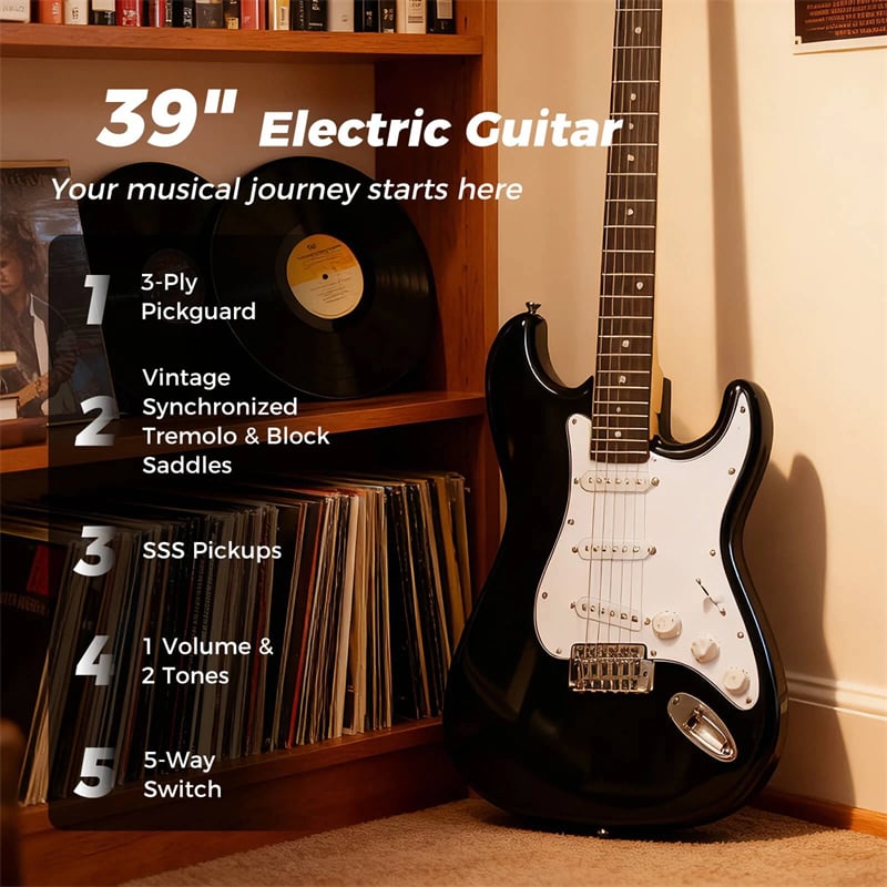 39" Full Size 6 String Electric Guitar Beginner Kit with 15W AMP, SSS Pickups, Gig Bag & Tuner, Guitar Starter Bundle for Students & Adults