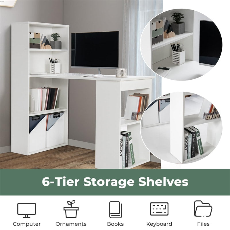 48" Computer Desk with 6-Tier Storage Shelves, 3-in-1 Reversible Writing Desk w/ Bookshelf & CPU Stand, Space-Saving Home Office Workstation