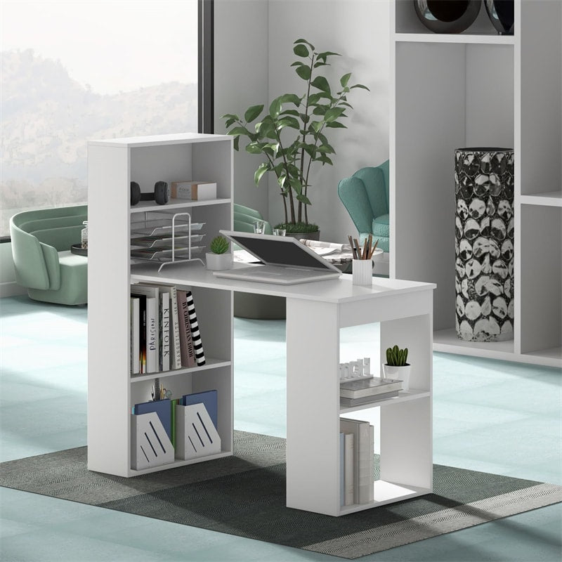 48" Computer Desk with 6-Tier Storage Shelves, 3-in-1 Reversible Writing Desk w/ Bookshelf & CPU Stand, Space-Saving Home Office Workstation