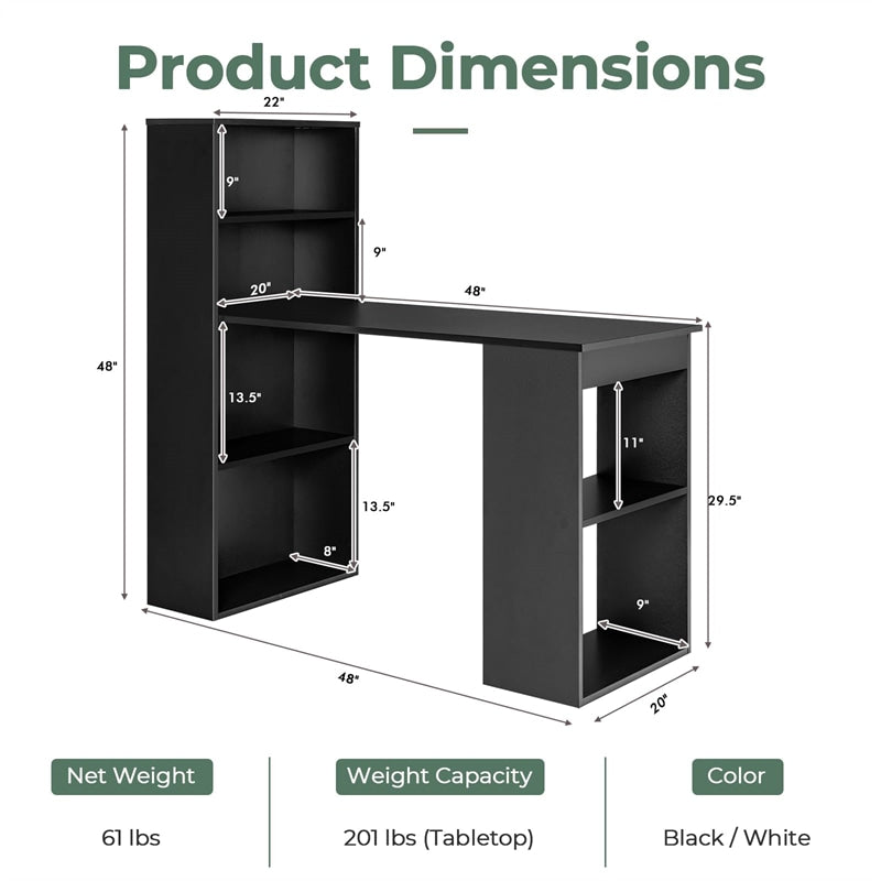 48" Computer Desk with 6-Tier Storage Shelves, 3-in-1 Reversible Writing Desk w/ Bookshelf & CPU Stand, Space-Saving Home Office Workstation