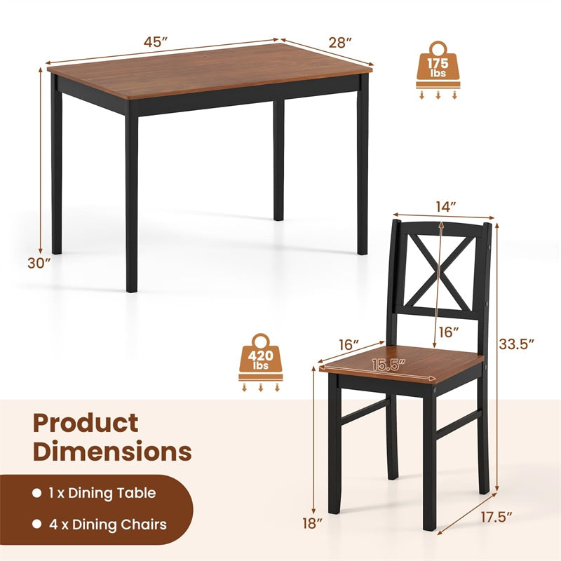 5-Piece Dining Table Set for 4, Mid-Century Modern Kitchen Table & 4 Chairs with Rubber Wood Legs & Cross Backrest, Space-Saving Dinette Set for Home