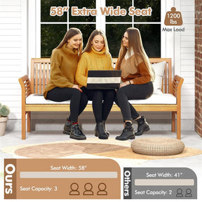 62.5" Outdoor Acacia Wood Bench with Removable Cushion, 3-Person Patio Garden Bench with High Backrest & Armrests, 1200 LBS Capacity for Yard Porch