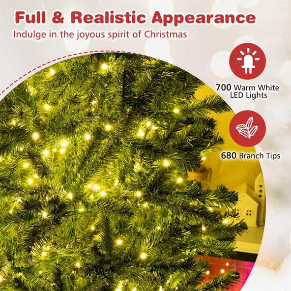 6/7/8FT Pre-Lit Artificial Christmas Tree, Hinged Xmas Tree with Remote, Warm White LED Lights, Timer, Adjustable Lighting Modes for Holiday Decor