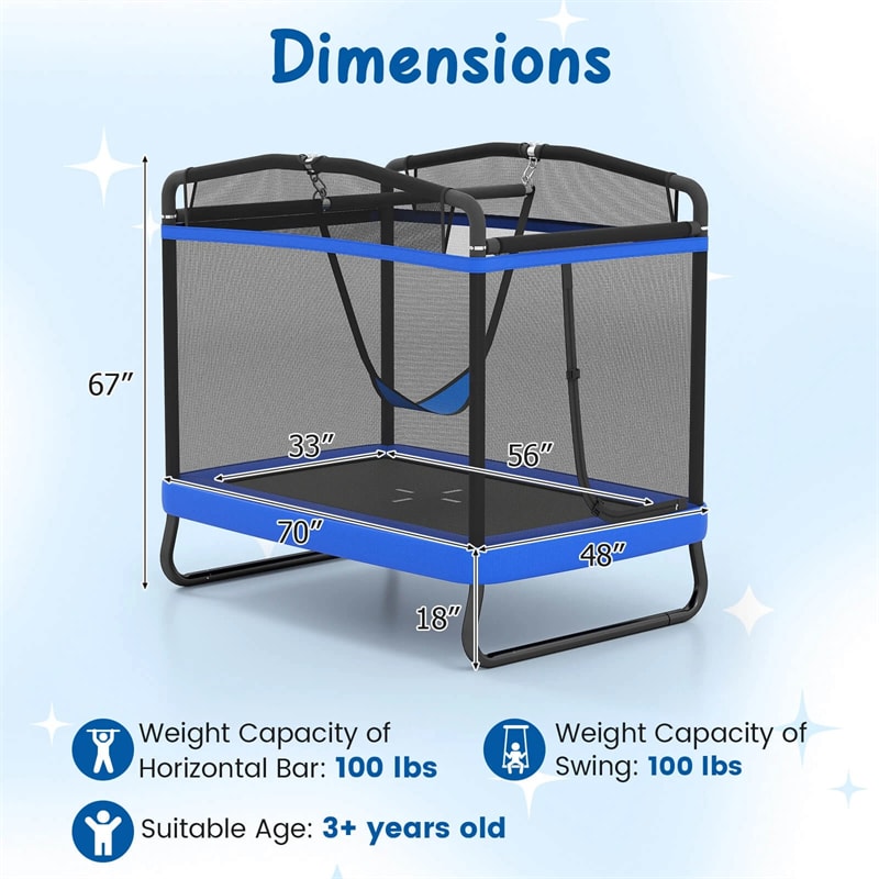 6FT Kids Rectangle Trampoline, ASTM Certified Toddler Rebounder with Swing, Horizontal Bar & Safety Enclosure Net for Indoor Outdoor Use
