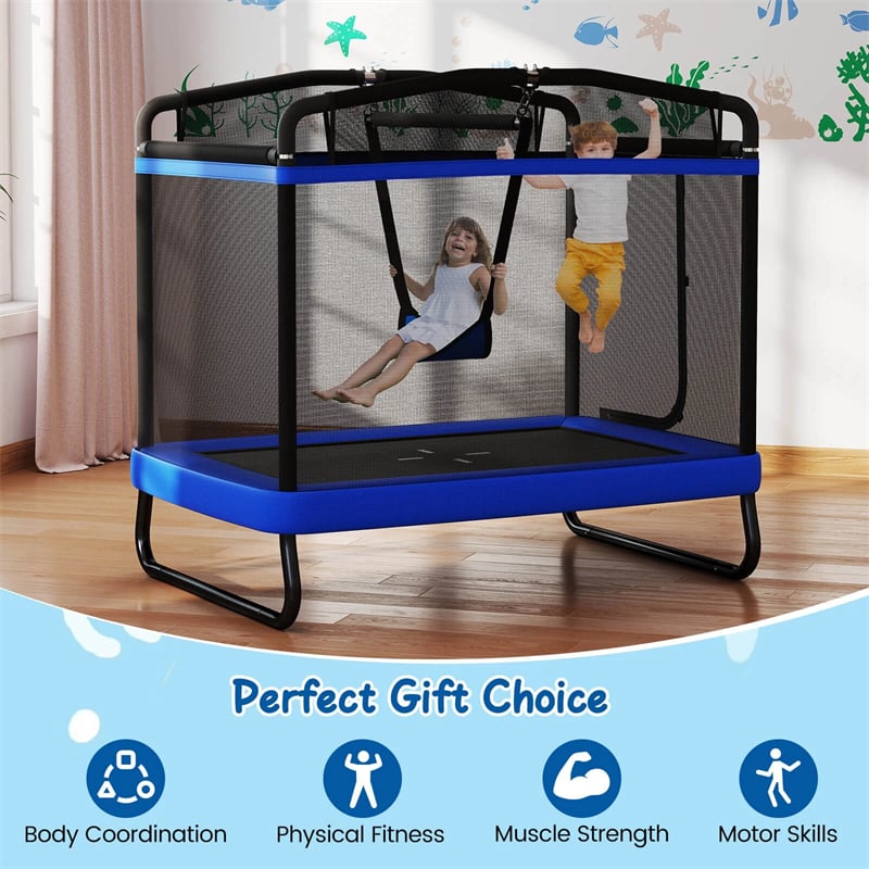 6FT Kids Rectangle Trampoline, ASTM Certified Toddler Rebounder with Swing, Horizontal Bar & Safety Enclosure Net for Indoor Outdoor Use
