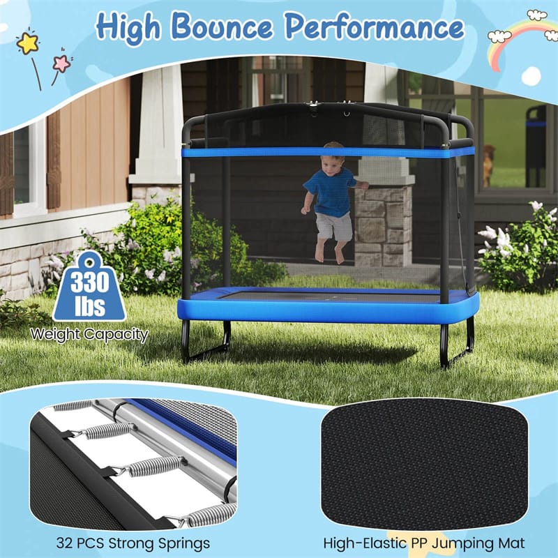 6FT Kids Rectangle Trampoline, ASTM Certified Toddler Rebounder with Swing, Horizontal Bar & Safety Enclosure Net for Indoor Outdoor Use