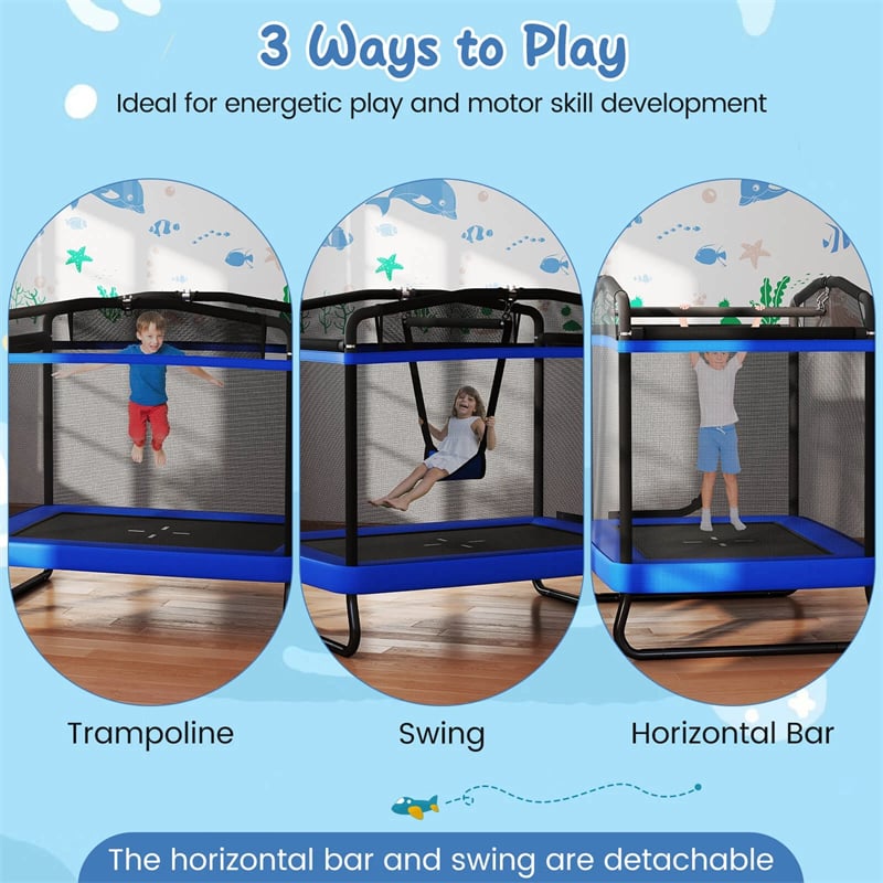 6FT Kids Rectangle Trampoline, ASTM Certified Toddler Rebounder with Swing, Horizontal Bar & Safety Enclosure Net for Indoor Outdoor Use