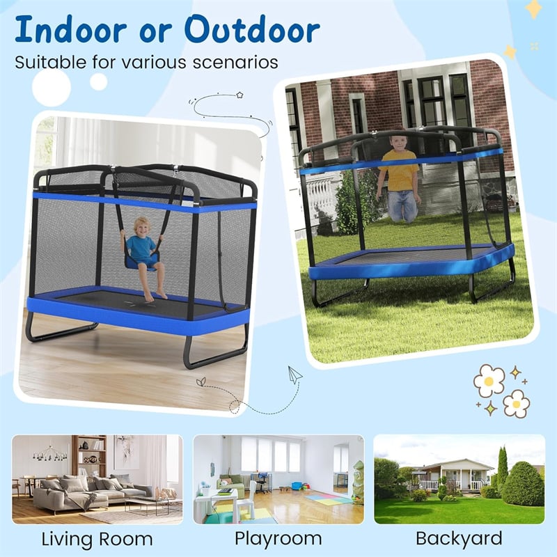 6FT Kids Rectangle Trampoline, ASTM Certified Toddler Rebounder with Swing, Horizontal Bar & Safety Enclosure Net for Indoor Outdoor Use