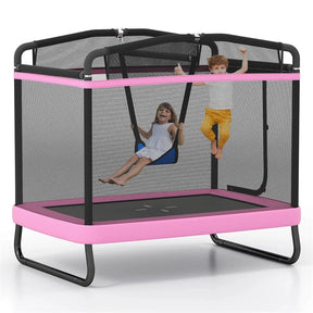 6FT Kids Rectangle Trampoline, ASTM Certified Toddler Rebounder with Swing, Horizontal Bar & Safety Enclosure Net for Indoor Outdoor Use