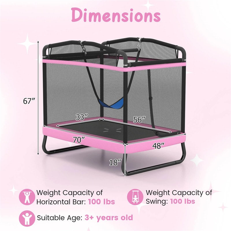 6FT Kids Rectangle Trampoline, ASTM Certified Toddler Rebounder with Swing, Horizontal Bar & Safety Enclosure Net for Indoor Outdoor Use