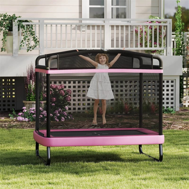 6FT Kids Rectangle Trampoline, ASTM Certified Toddler Rebounder with Swing, Horizontal Bar & Safety Enclosure Net for Indoor Outdoor Use