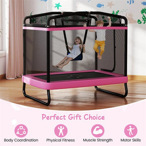 6FT Kids Rectangle Trampoline, ASTM Certified Toddler Rebounder with Swing, Horizontal Bar & Safety Enclosure Net for Indoor Outdoor Use