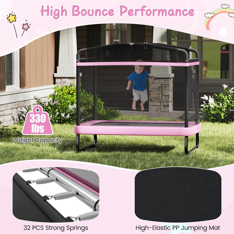 6FT Kids Rectangle Trampoline, ASTM Certified Toddler Rebounder with Swing, Horizontal Bar & Safety Enclosure Net for Indoor Outdoor Use