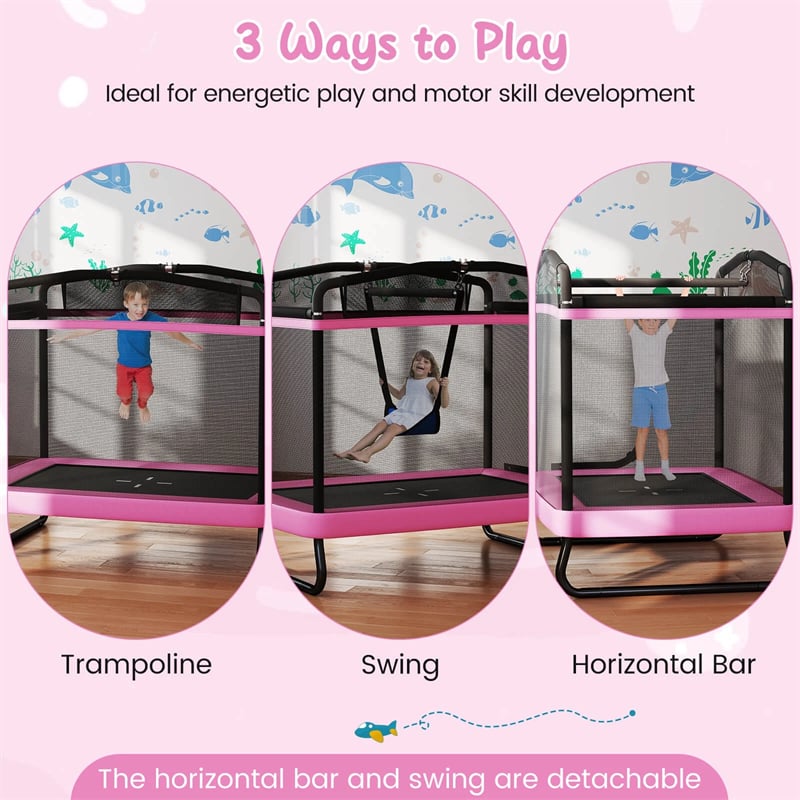 6FT Kids Rectangle Trampoline, ASTM Certified Toddler Rebounder with Swing, Horizontal Bar & Safety Enclosure Net for Indoor Outdoor Use
