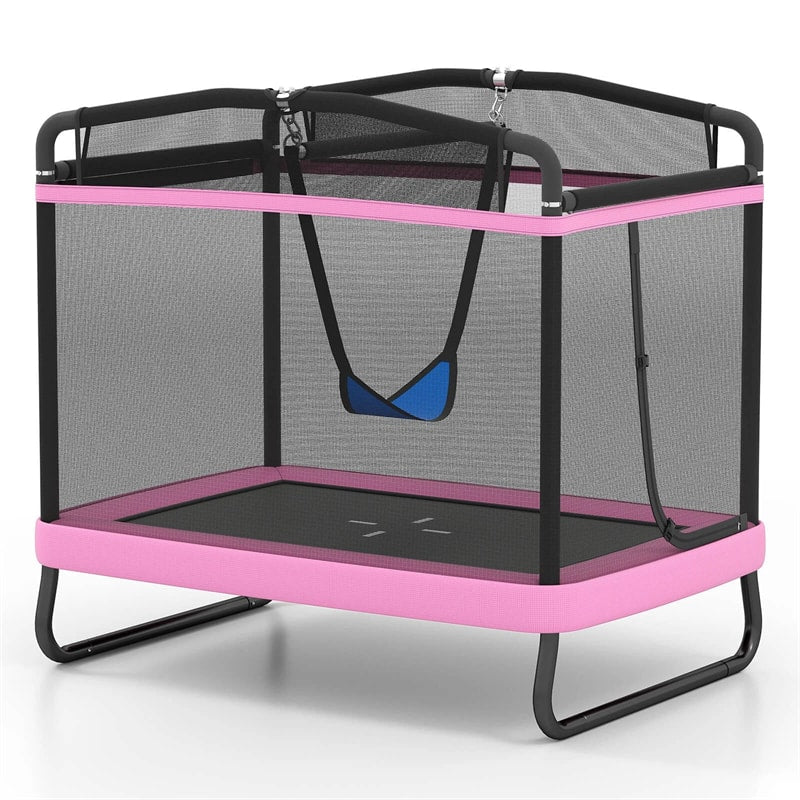 6FT Kids Rectangle Trampoline, ASTM Certified Toddler Rebounder with Swing, Horizontal Bar & Safety Enclosure Net for Indoor Outdoor Use
