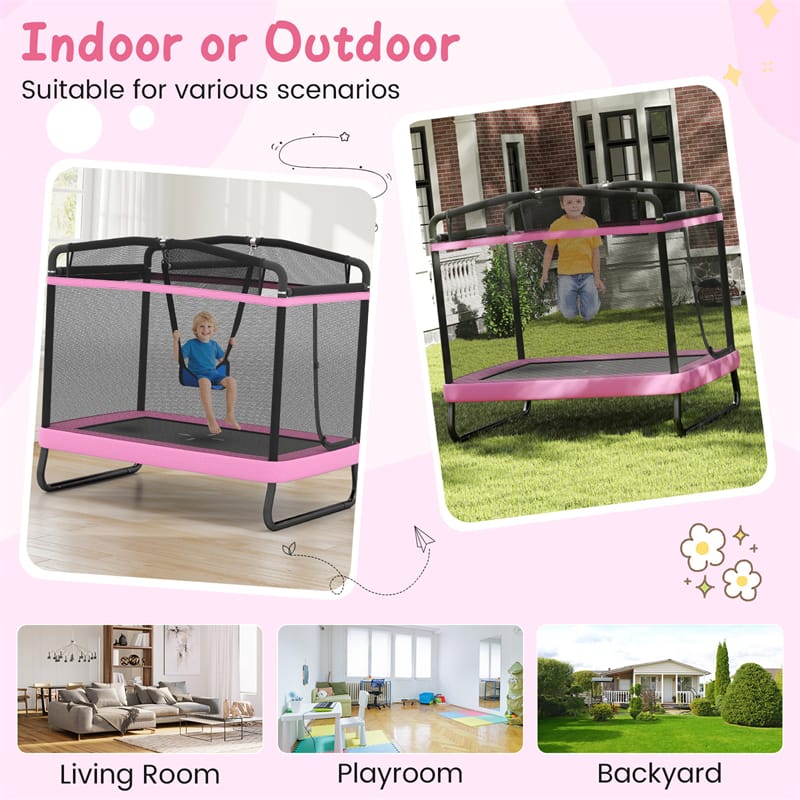 6FT Kids Rectangle Trampoline, ASTM Certified Toddler Rebounder with Swing, Horizontal Bar & Safety Enclosure Net for Indoor Outdoor Use