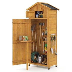 70" Tall Wooden Outdoor Shed Waterproof Garden Tool Storage Cabinet with Lockable Doors & Foldable Table