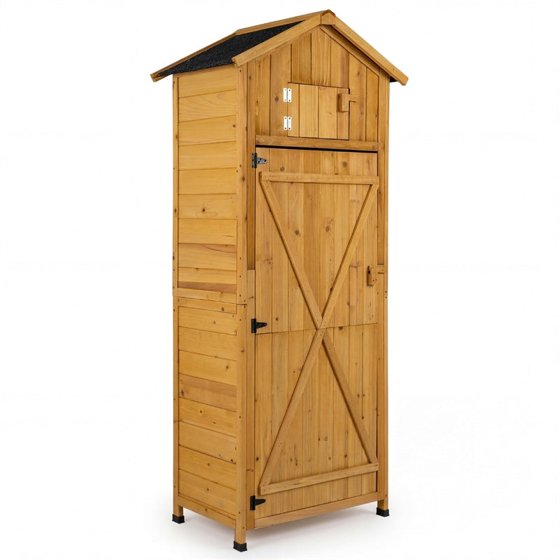 70" Tall Wooden Outdoor Shed Waterproof Garden Tool Storage Cabinet with Lockable Doors & Foldable Table