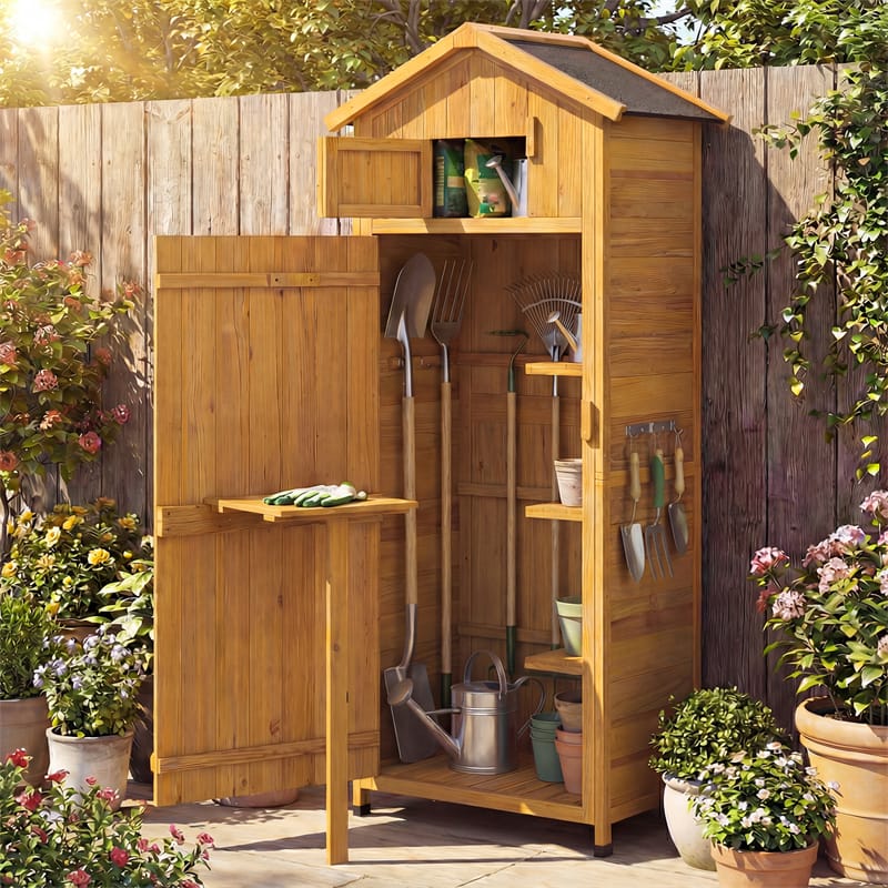 70" Tall Wooden Outdoor Shed Waterproof Garden Tool Storage Cabinet with Lockable Doors & Foldable Table