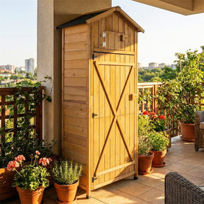 70" Tall Wooden Outdoor Shed Waterproof Garden Tool Storage Cabinet with Lockable Doors & Foldable Table