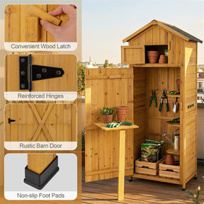 70" Tall Wooden Outdoor Shed Waterproof Garden Tool Storage Cabinet with Lockable Doors & Foldable Table