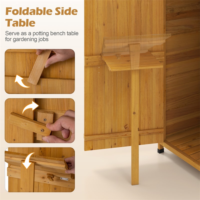 70" Tall Wooden Outdoor Shed Waterproof Garden Tool Storage Cabinet with Lockable Doors & Foldable Table