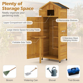 70" Tall Wooden Outdoor Shed Waterproof Garden Tool Storage Cabinet with Lockable Doors & Foldable Table