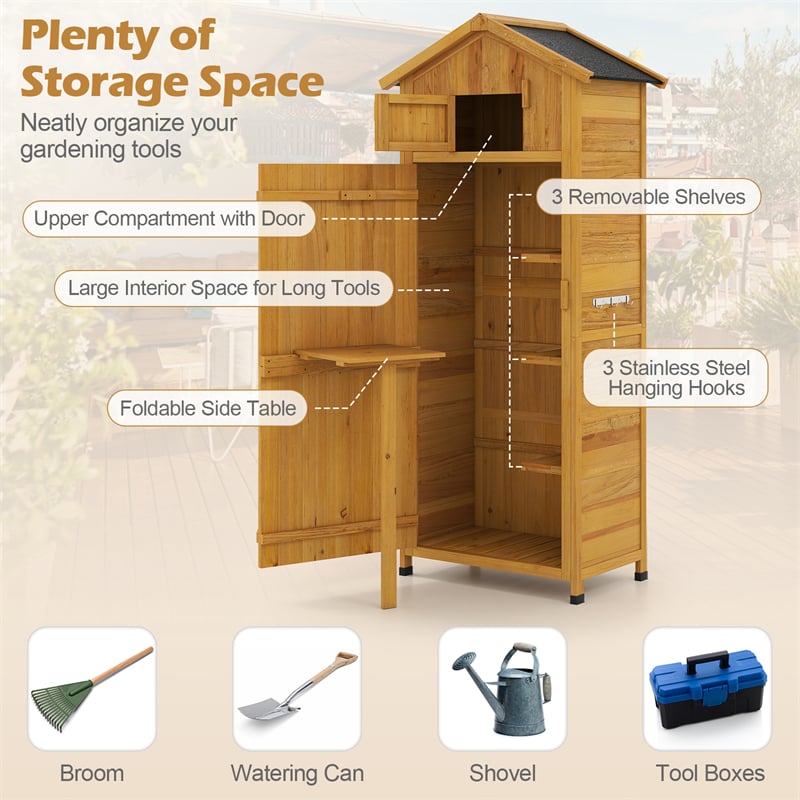 70" Tall Wooden Outdoor Shed Waterproof Garden Tool Storage Cabinet with Lockable Doors & Foldable Table