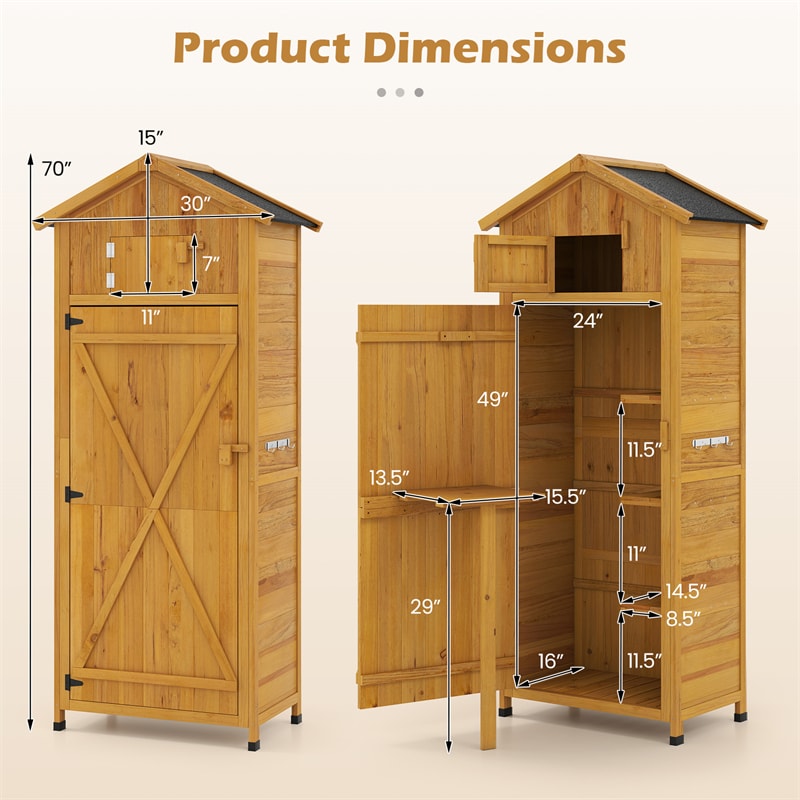 70" Tall Wooden Outdoor Shed Waterproof Garden Tool Storage Cabinet with Lockable Doors & Foldable Table