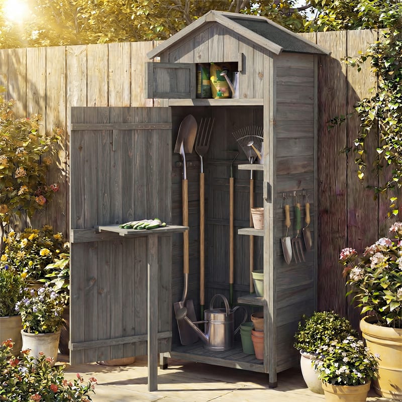 70" Tall Wooden Outdoor Shed Waterproof Garden Tool Storage Cabinet with Lockable Doors & Foldable Table