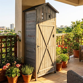 70" Tall Wooden Outdoor Shed Waterproof Garden Tool Storage Cabinet with Lockable Doors & Foldable Table
