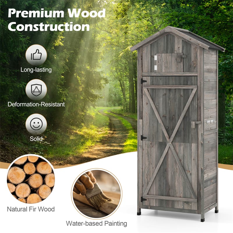 70" Tall Wooden Outdoor Shed Waterproof Garden Tool Storage Cabinet with Lockable Doors & Foldable Table